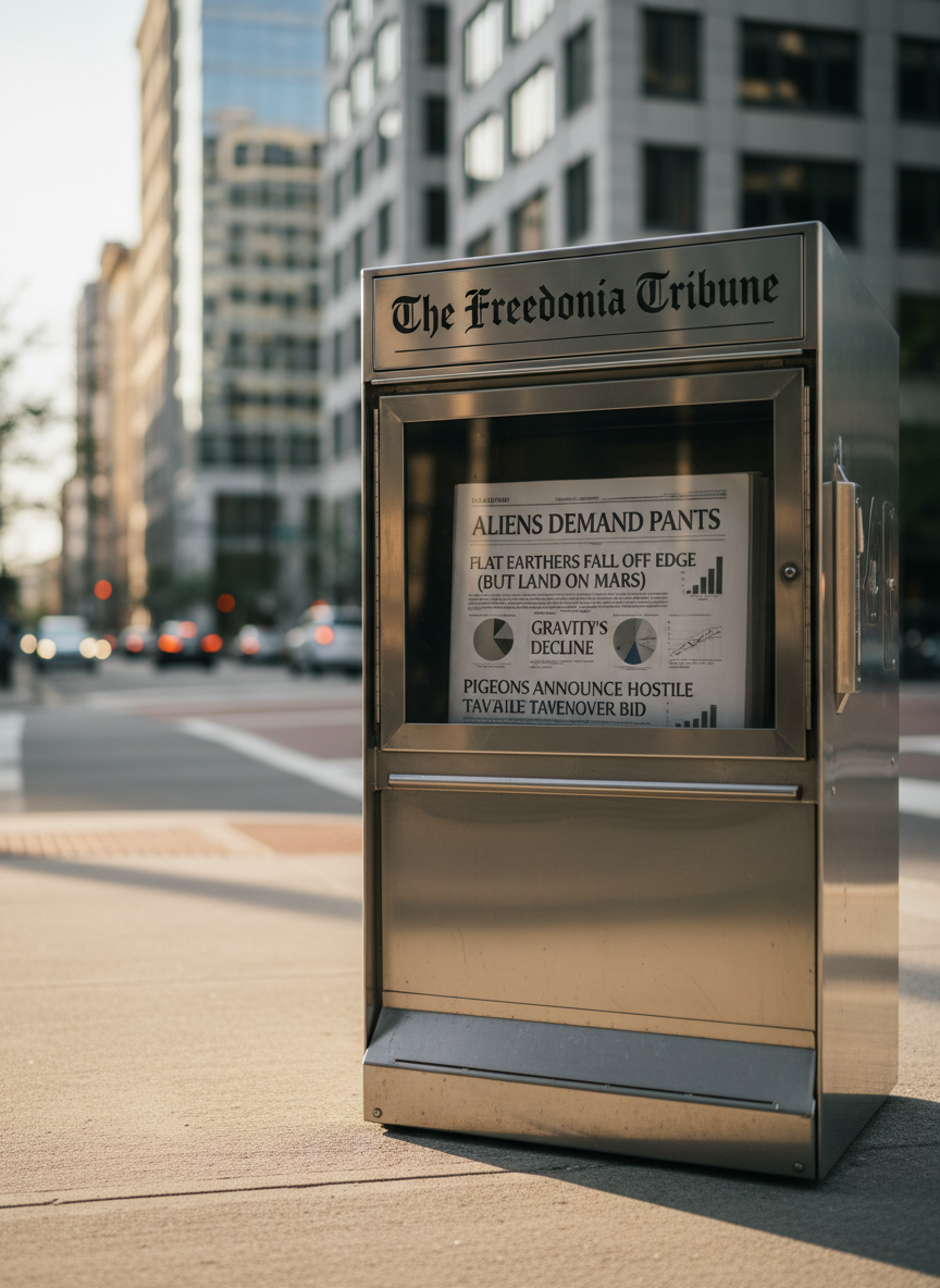 A polished stainless-steel newspaper vending box labeled “The Freedonia Tribune” in bold, traditional serif lettering, stands on a clean city sidewalk. Its clear front window displays perfectly aligned front pages with outrageous, obviously absurd headlines and small, serious-looking charts. Late afternoon natural light reflects off the metal edges, creating crisp highlights and subtle shadows on the pavement. In the softly blurred background, modern office buildings and distant traffic hints at a busy downtown. Shot at eye level in photographic realism with a shallow depth of field, the composition centers the box using the rule of thirds. The mood is professionally serious at first glance, but a closer look at the ridiculous headlines suggests dry, satirical humor beneath a polished news veneer.