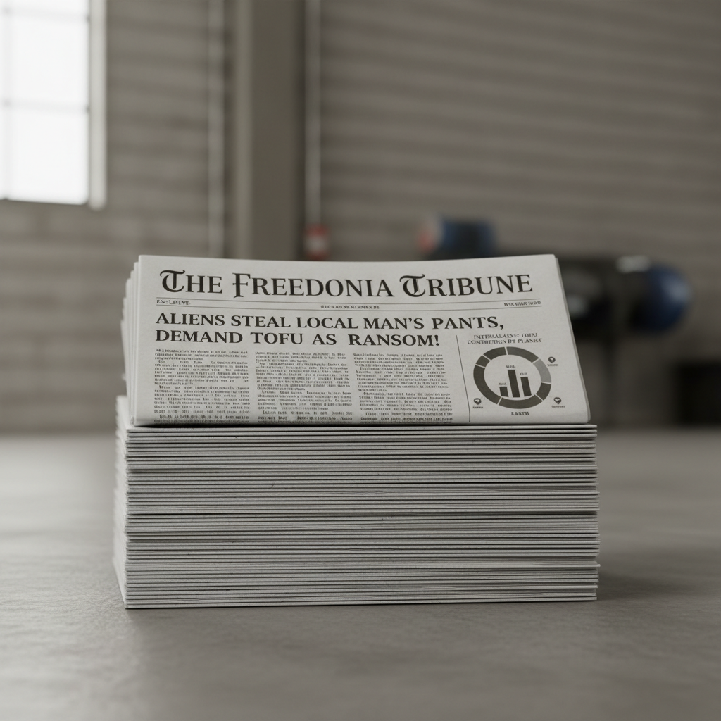 A pristine stack of freshly printed broadsheet newspapers resting on a smooth concrete floor, the top issue titled “The Freedonia Tribune” in a classic masthead. The lead story’s headline is comically overblown yet laid out with perfectly aligned columns, balanced serif fonts, and a small, earnest-looking infographic charting something obviously nonsensical. Cool, diffused overcast light from an unseen window washes evenly across the scene, creating soft shadows beneath each paper’s edge and gentle texture in the newsprint fibers. The background fades into an industrial-style wall with subtle bokeh. Photographic realism at a low, side-on angle emphasizes the thickness of the stack and the tactile quality of the paper. The overall mood is calm, professional, and methodical, with understated visual cues hinting at the satirical nature of the publication.