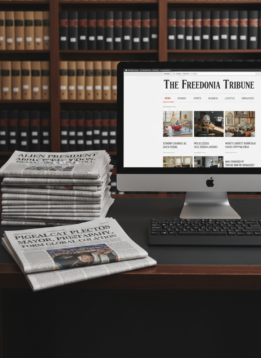 An immaculate, dark walnut newsroom desk covered with neatly stacked newspapers, each front page featuring wildly exaggerated but professionally typeset headlines, next to a sleek black keyboard and a high-resolution monitor. The monitor displays a clean news website homepage titled “The Freedonia Tribune” with serious navigation bars framing absurd, deadpan story titles. Soft studio lighting from above creates even illumination, gentle reflections on the desk’s satin finish, and delicate shadows under the objects. Background elements, slightly out of focus, include organized shelves of labeled archive boxes. Captured from a slightly elevated angle in photographic realism, with sharp focus across the frame, the mood feels authoritative and composed, subtly contrasting with the ridiculous content for a refined satirical news aesthetic.